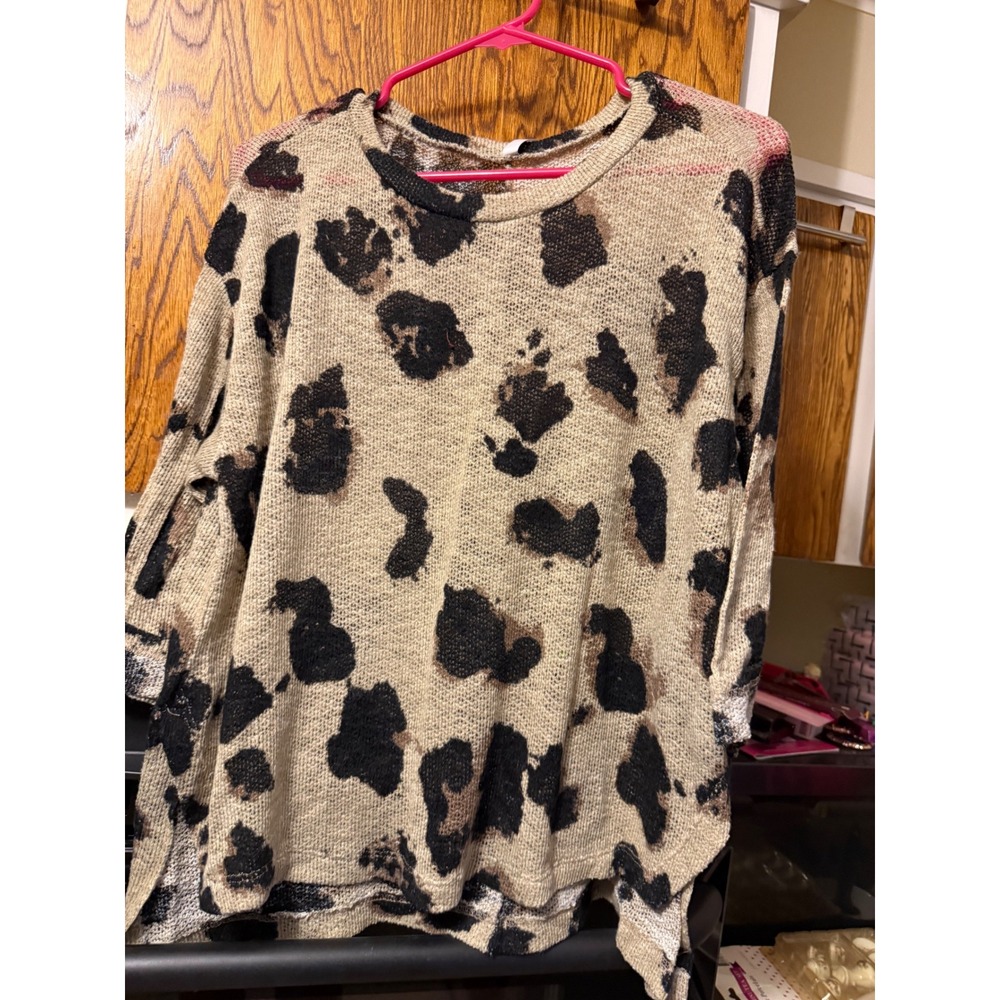 Yee Women Leopard Print Open Knit Sweater Tan Black 3/4 Sleeve Size Small
